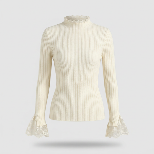 Blythe Lace-Cuff Rib Sweater - Cream - front