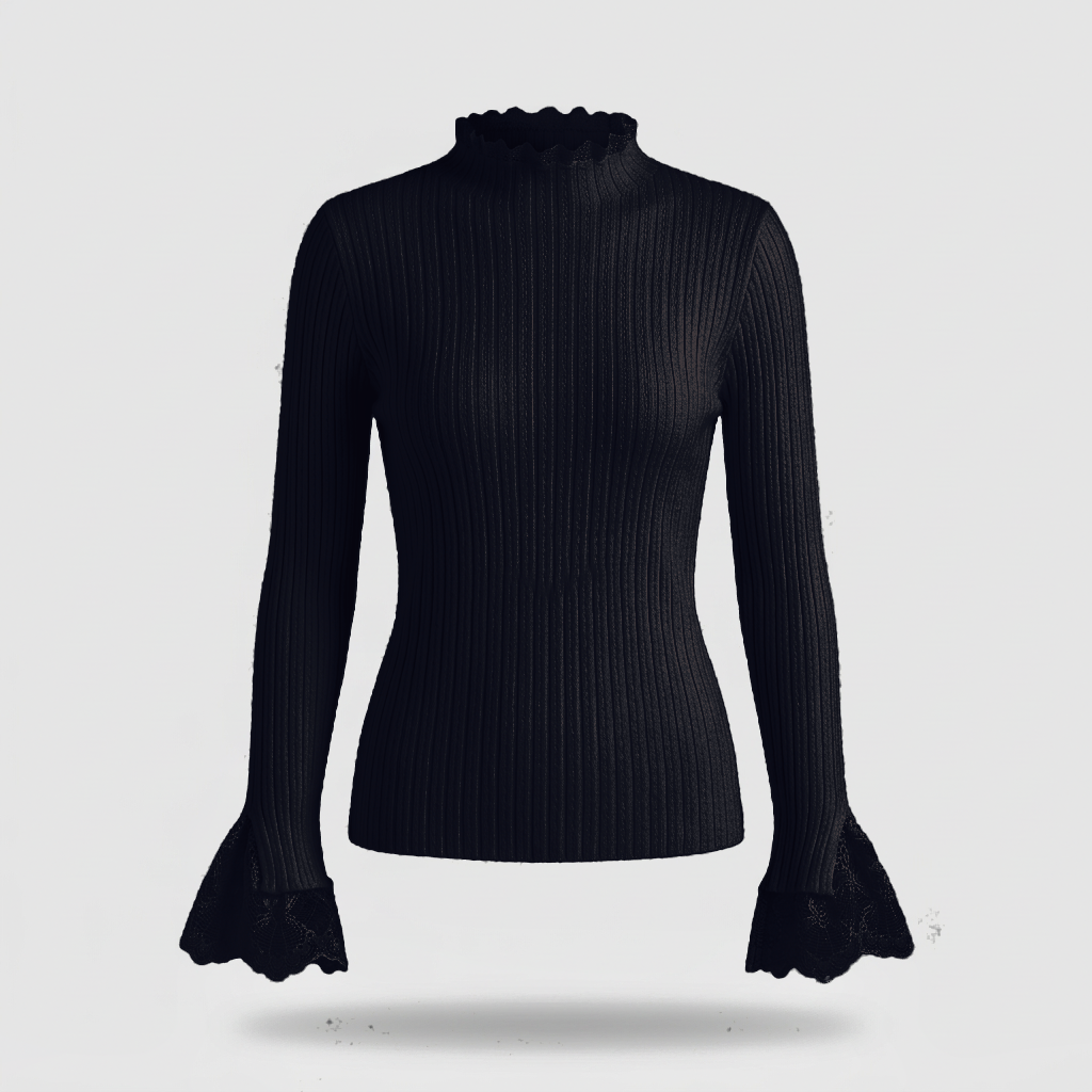 Blythe Lace-Cuff Rib Sweater - Black - front