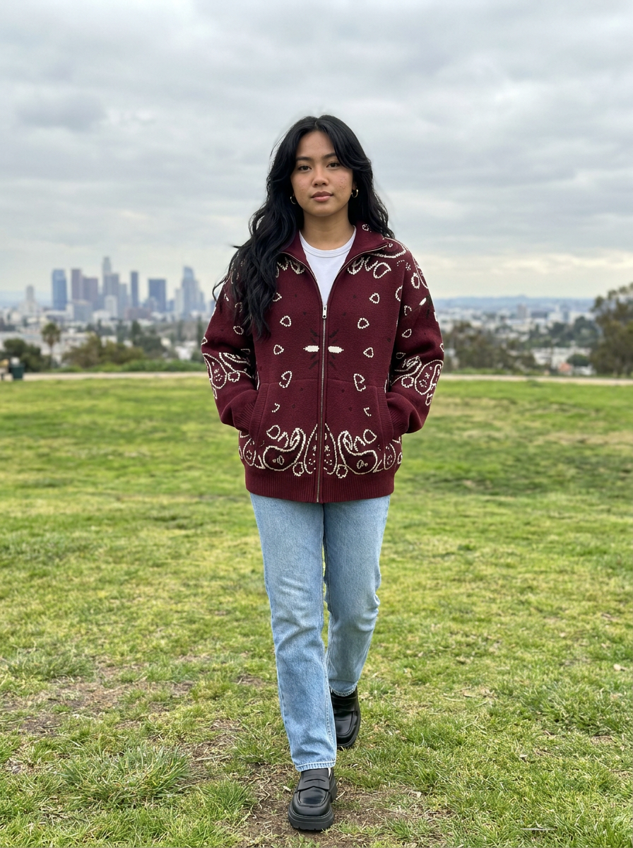 Sienna Bandana Knit Zip Cardigan – how it looks worn