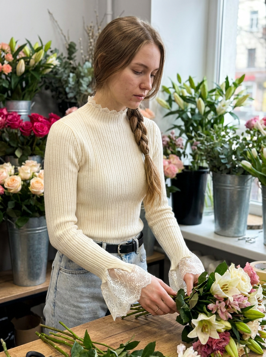 Blythe Lace-Cuff Rib Sweater – how it looks worn