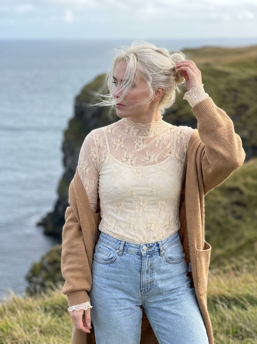 Liora Sheer Lace Mock-Neck Top – how it looks worn