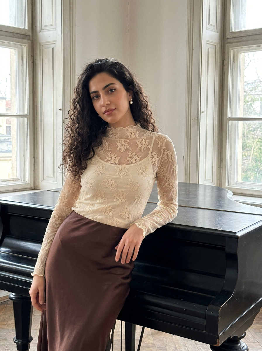 Liora Sheer Lace Mock-Neck Top – how it looks worn