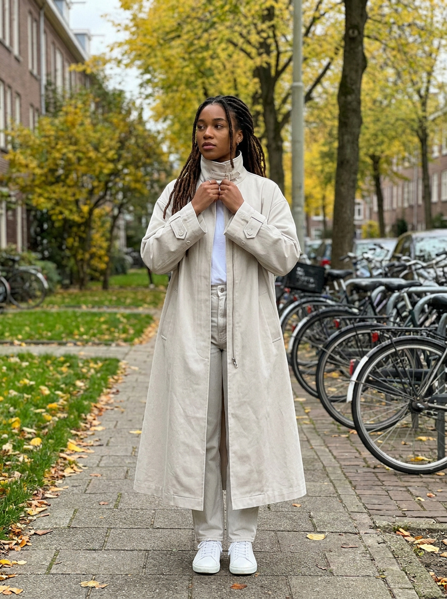 Hollis Stand-Collar Maxi Trench Coat – how it looks worn