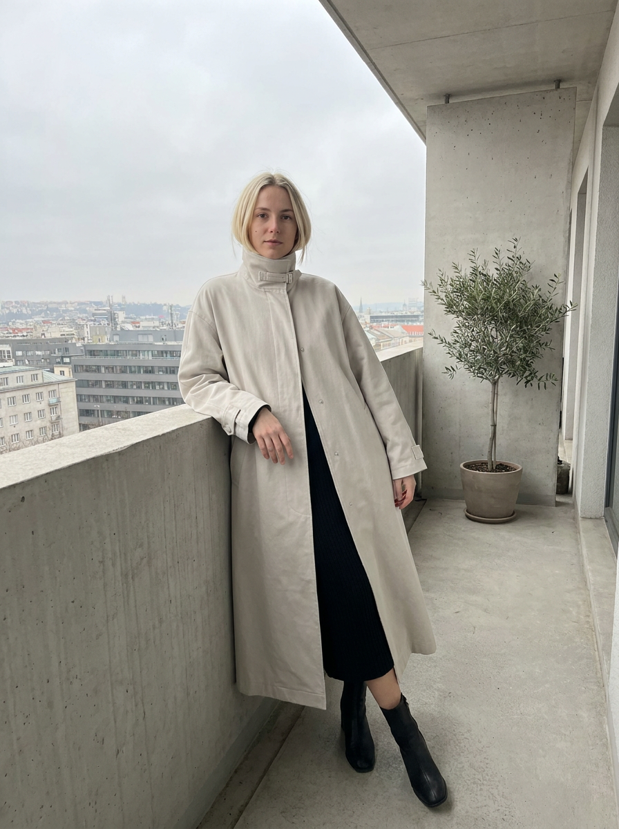 Hollis Stand-Collar Maxi Trench Coat – how it looks worn