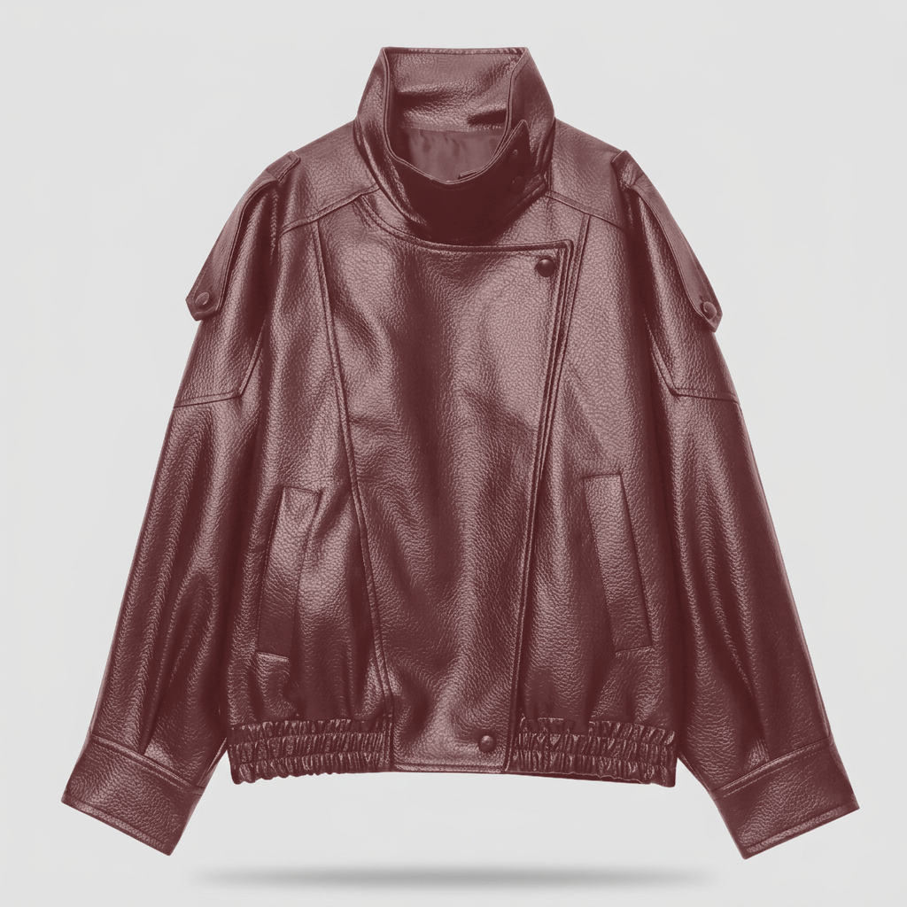 Juno Oversized Faux Leather Jacket - Burgundy - front