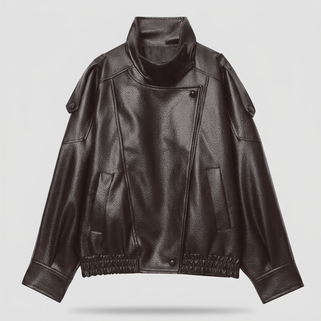 Juno Oversized Faux Leather Jacket - Chocolate - front