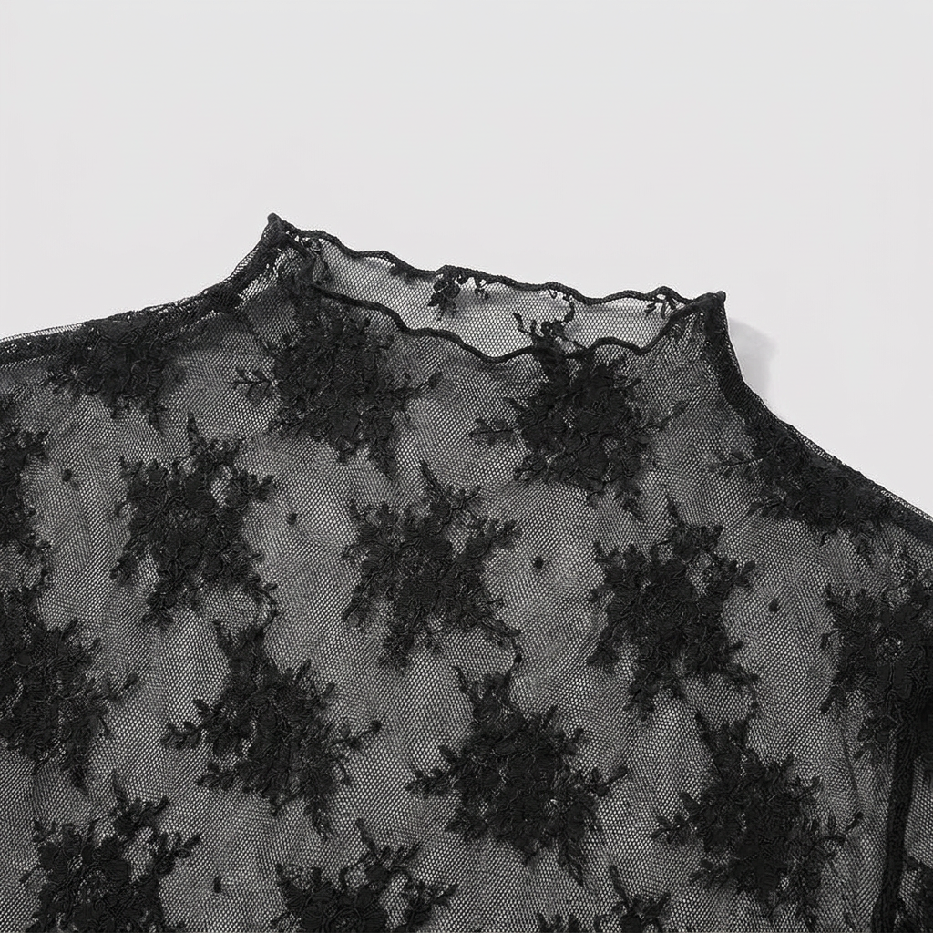 Liora Sheer Lace Mock-Neck Top - Black - detail