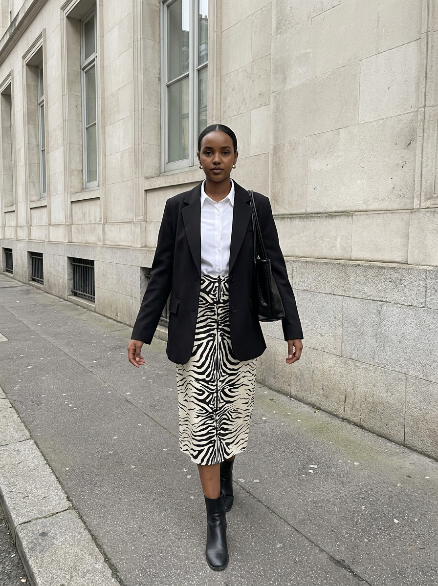 Shop the Look - City Tailoring - Harper Single-Breasted Blazer, Elise Classic Fitted Shirt, Zadie Zebra Print Midi Skirt, Noa Croc-Embossed Shoulder Tote