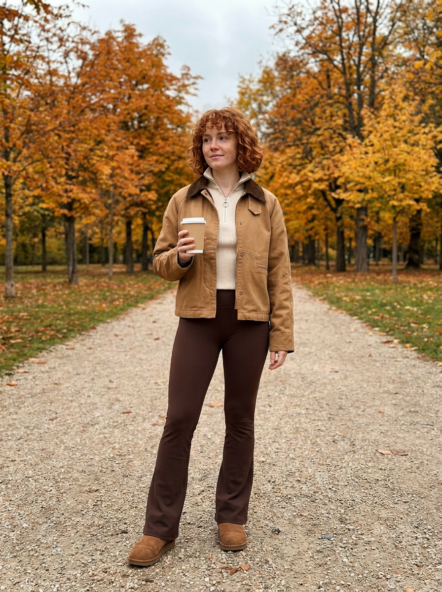 Shop the Look - Weekend Layers - Ada Cord-Collar Barn Jacket, Ivy Ribbed Half-Zip Sweater, Riley High-Rise Flare Leggings