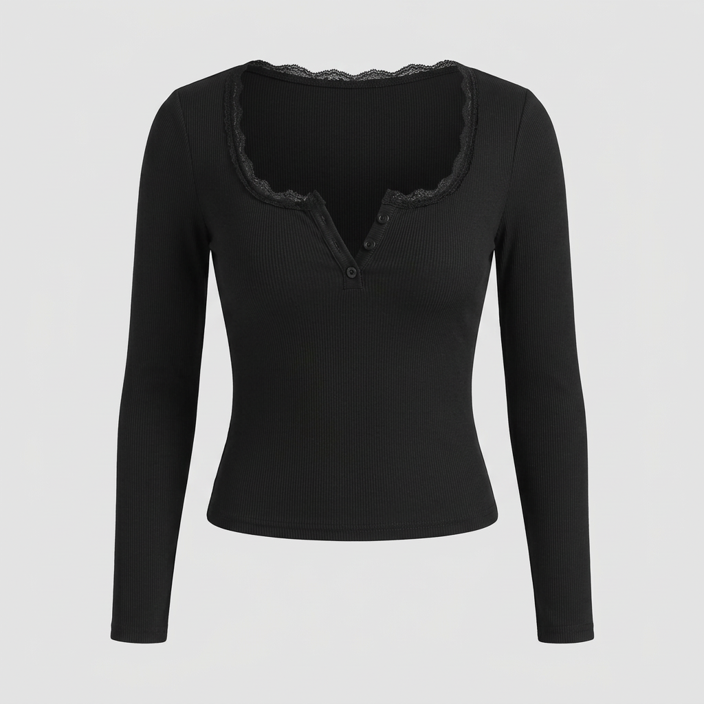 Lottie Lace-Trim Henley Top - Black - front