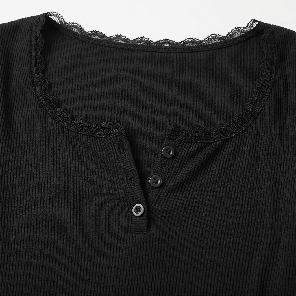 Lottie Lace-Trim Henley Top - Black - detail