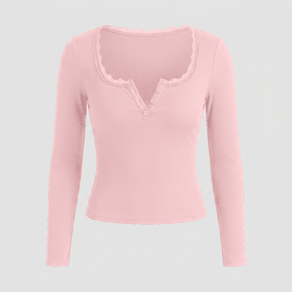 Lottie Lace-Trim Henley Top - Pink - front