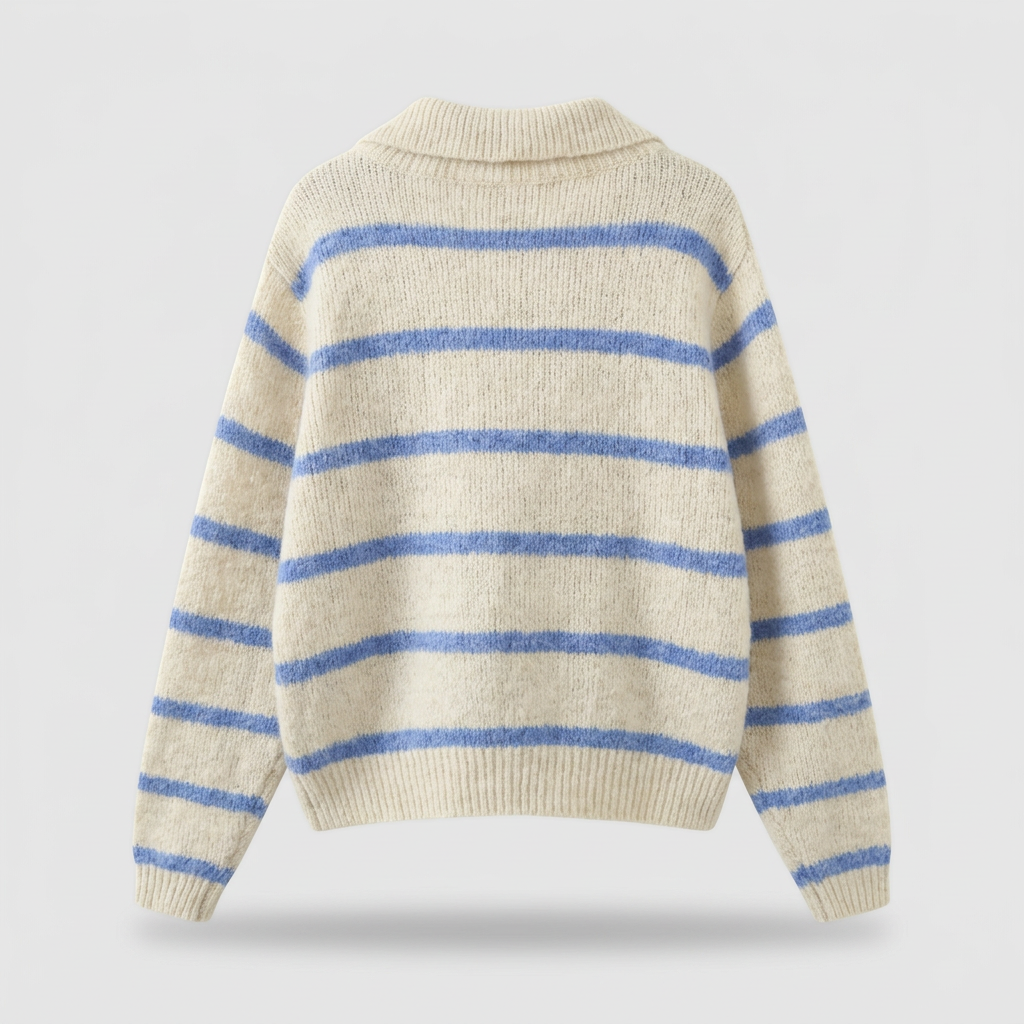 Maren Striped Knit Polo Sweater - Oatmeal/Blue - back