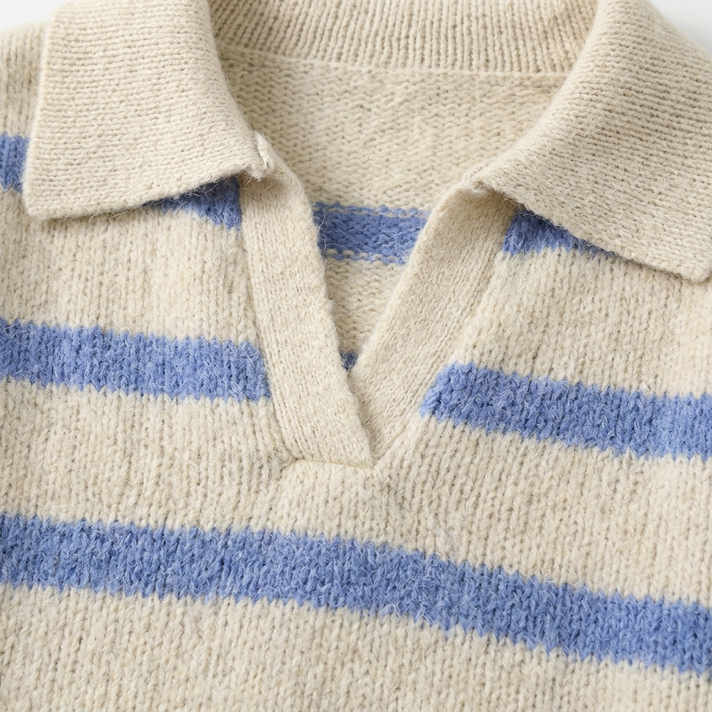 Maren Striped Knit Polo Sweater - Oatmeal/Blue - detail
