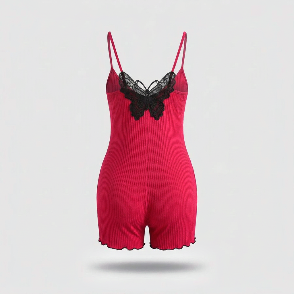 Mirabel Butterfly Lace Rib Romper - Cherry Red - back