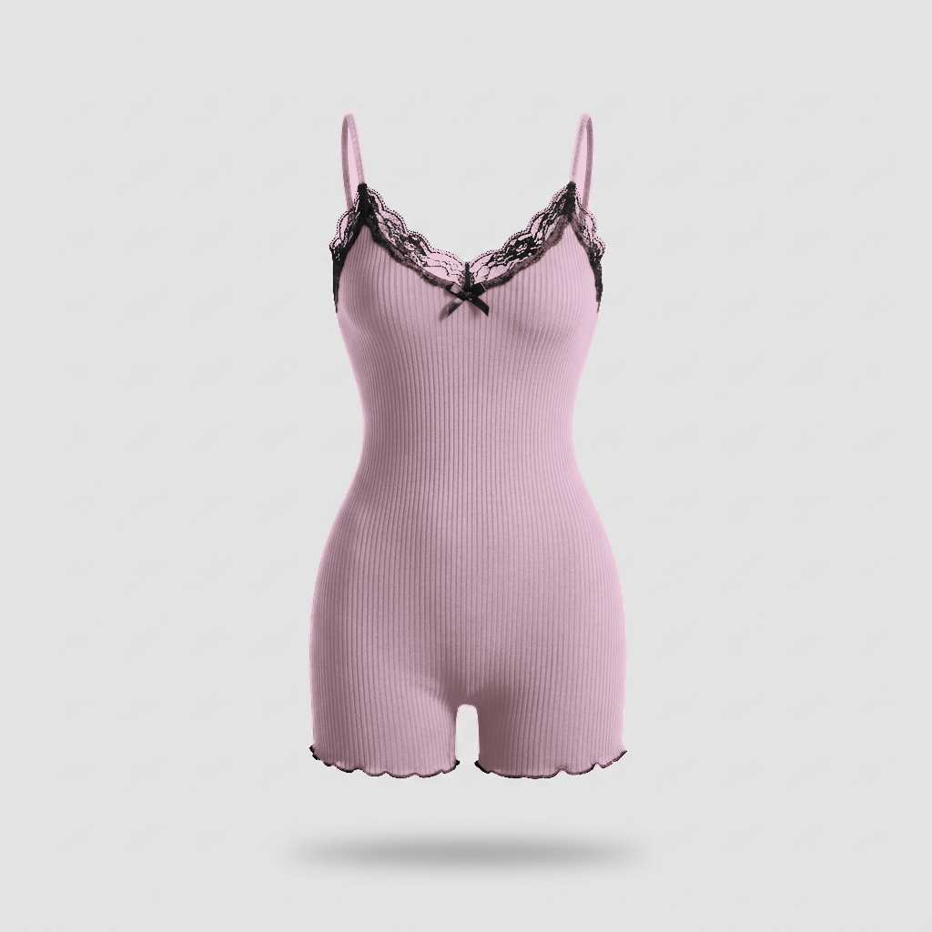 Mirabel Butterfly Lace Rib Romper - Mauve - front