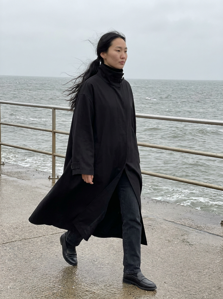 Hollis Stand-Collar Maxi Trench Coat – how it looks worn