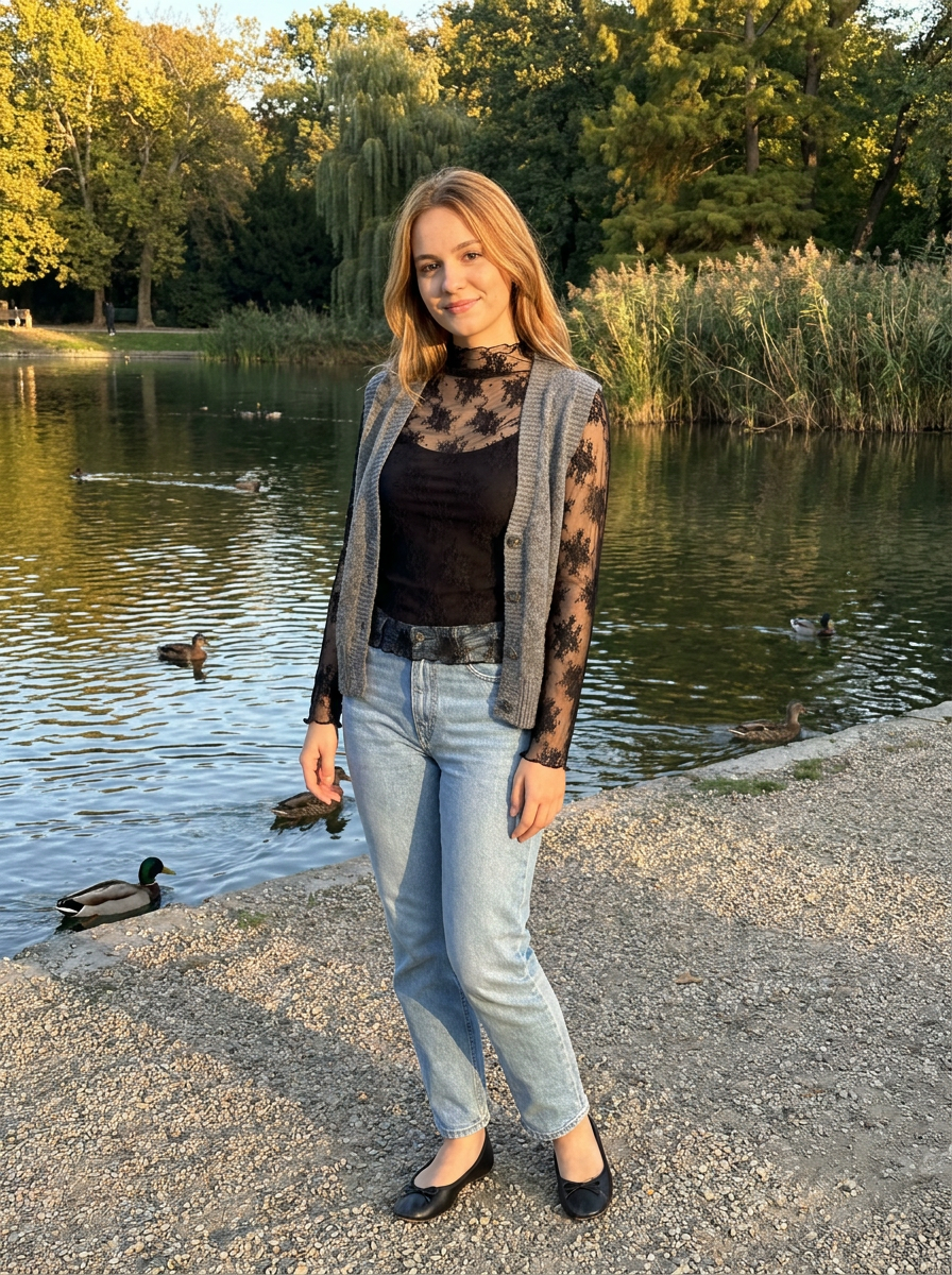Liora Sheer Lace Mock-Neck Top – how it looks worn