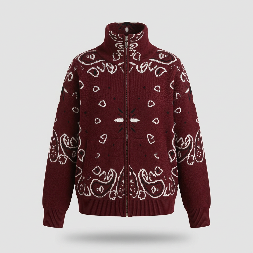 Sienna Bandana Knit Zip Cardigan - Burgundy - front