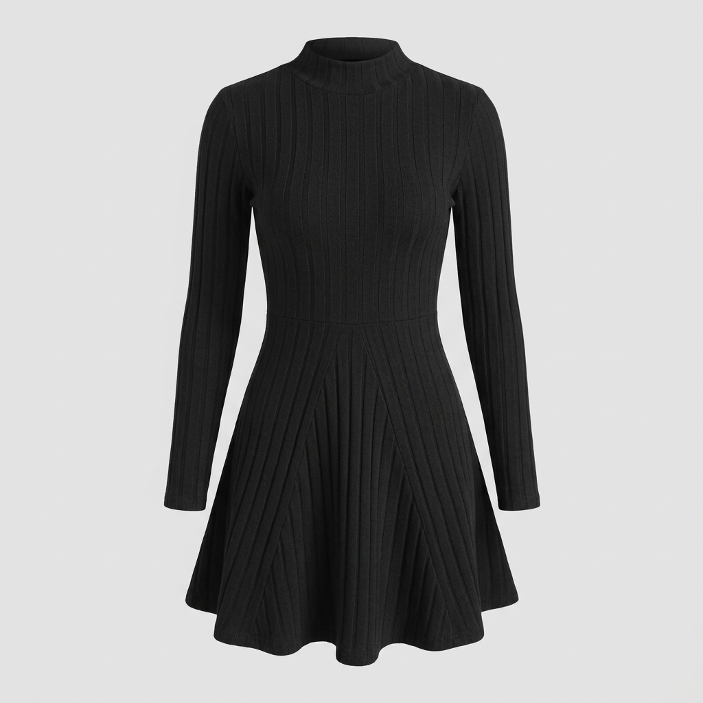 Sloane Ribbed Mock-Neck Skater Dress - Black - front