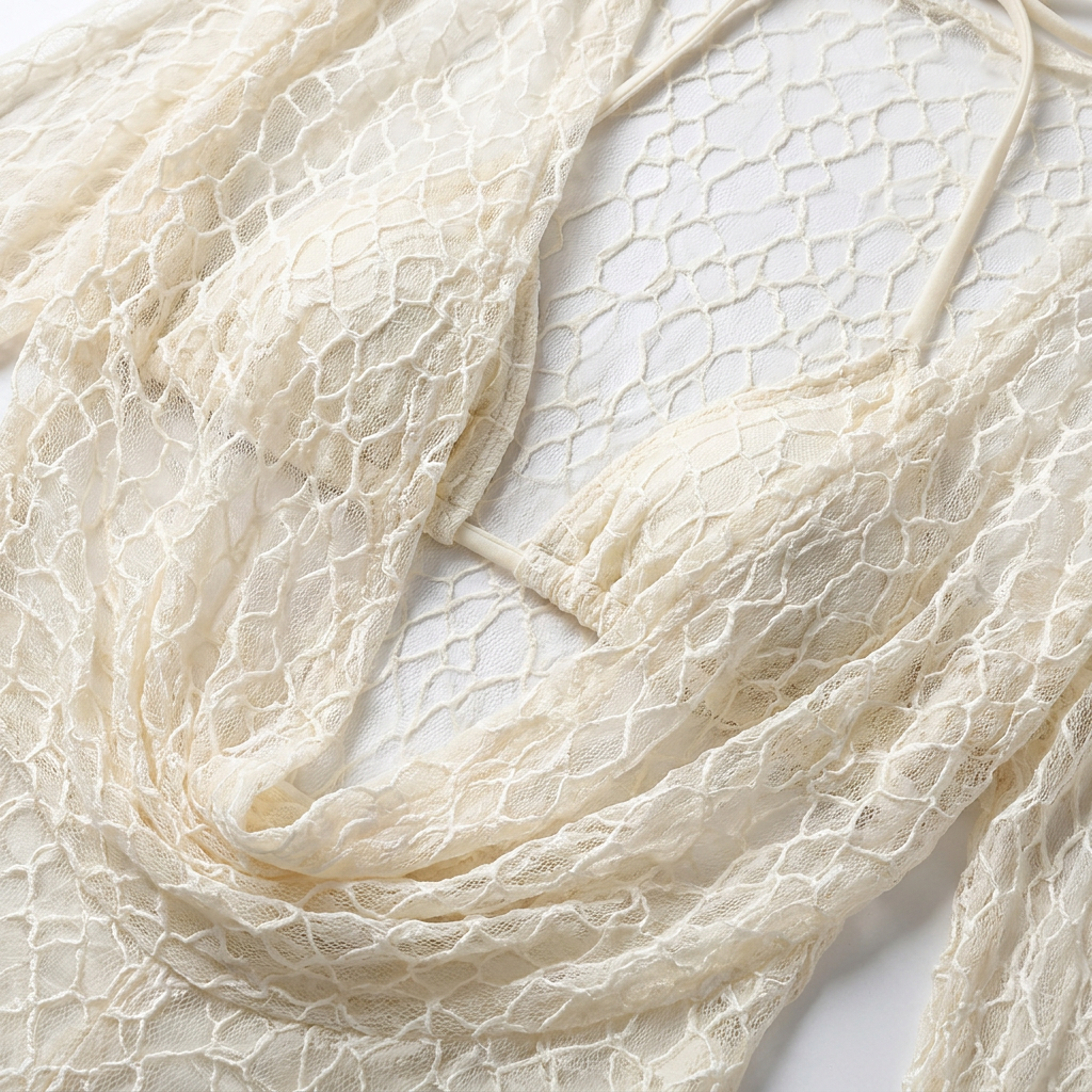 Solene Sheer Lace Three-Piece Set - Ivory - detail