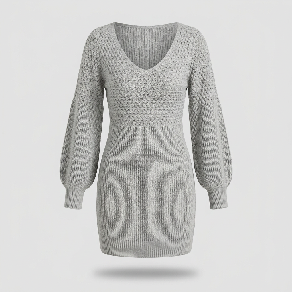 V-Neck Honeycomb Knit Mini Dress - Grey - front