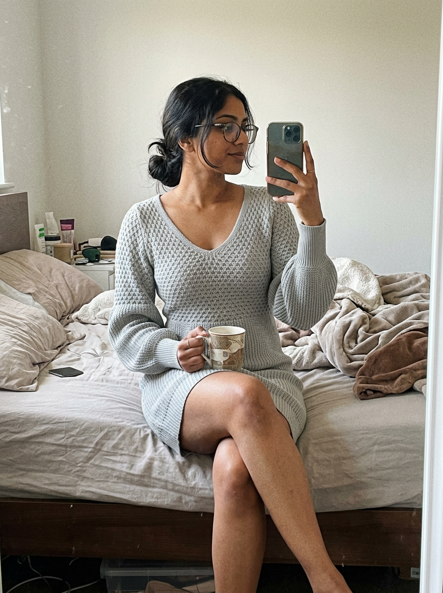 V-Neck Honeycomb Knit Mini Dress – how it looks worn