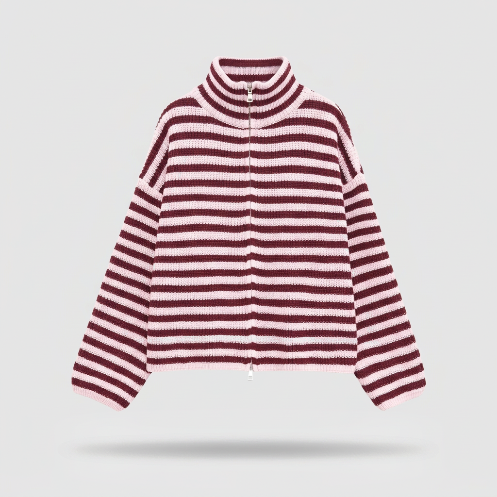 Wren Striped Zip Cardigan - Burgundy - front