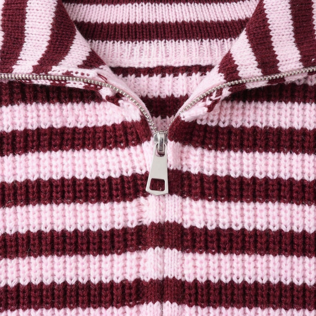 Wren Striped Zip Cardigan - Burgundy - detail